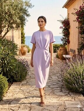 MANGO Lavender Draped Detail Midi Dress - Size 10 - LIKE NEW